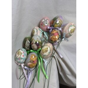 Vintage Easter Egg Floral Picks Lot of 10 Bunny Chick Pastel Spring Decor